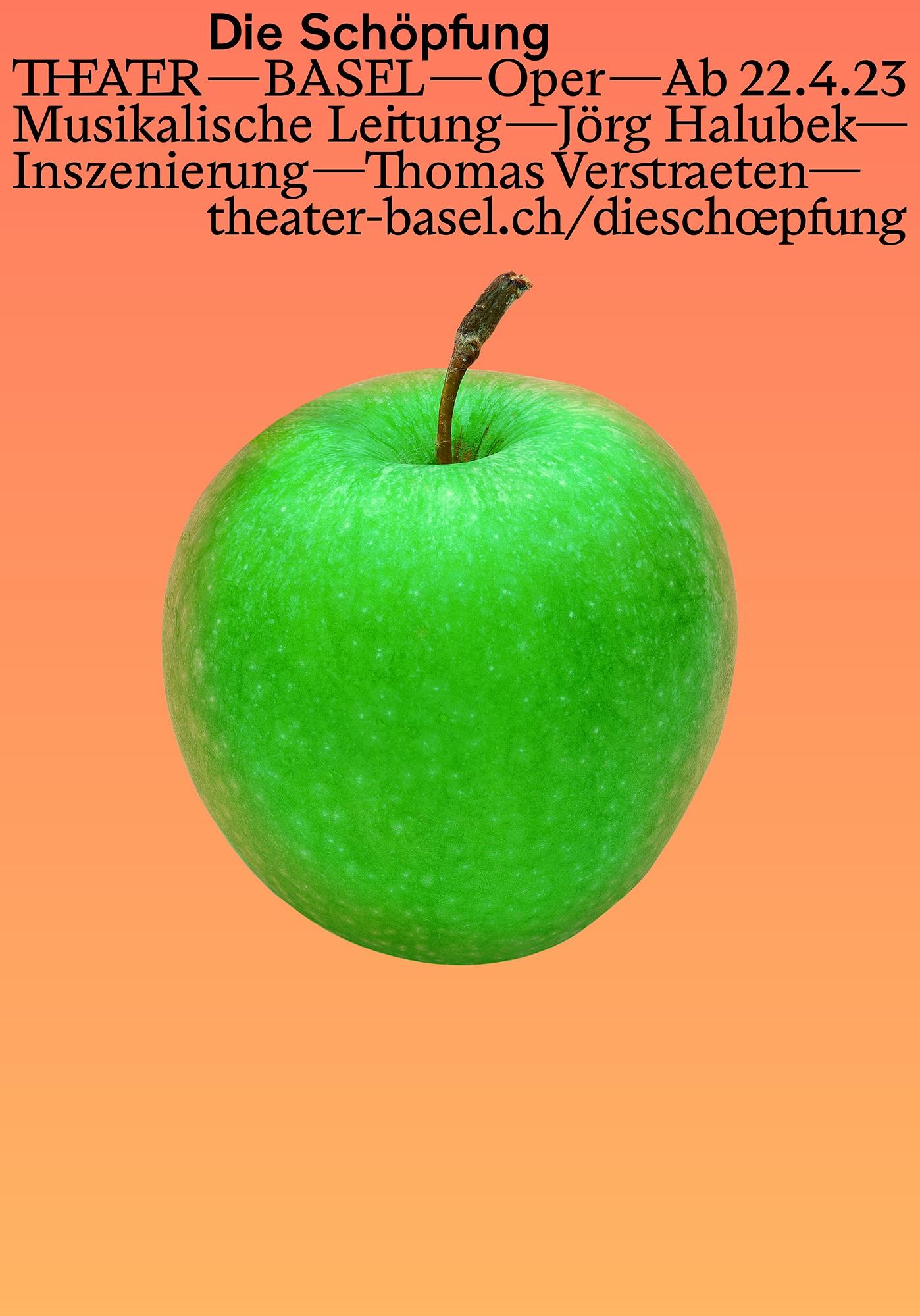 Plakatmotiv 1 für Die Schöpfung - ein grüner Apfel auf orangenem Hintergrund