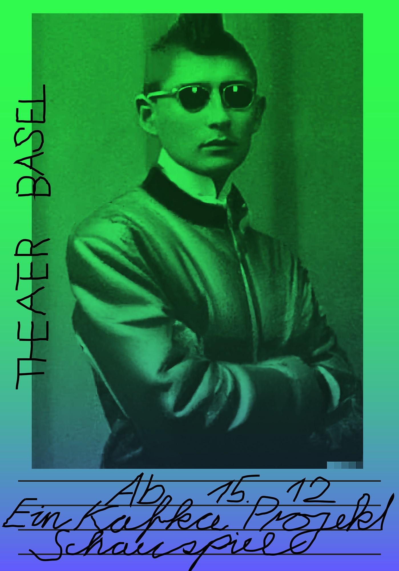 Plakatmotiv für Ein Kafka-Projekt - Ein AI-generiertes Portrait von Franz Kafka, gestylt wie Travis Bickle im Film Taxi Driver, blau-grüner Hintergrund