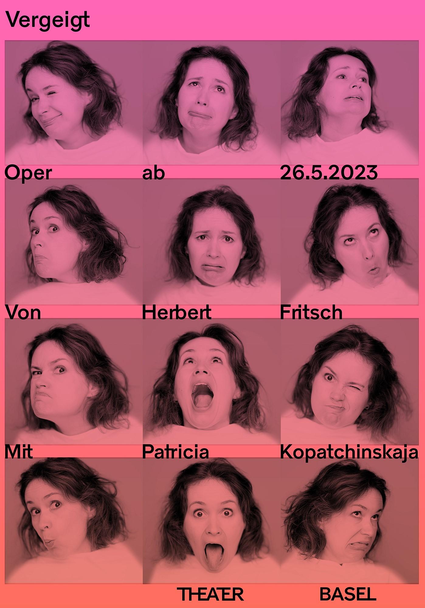 Plakatmotiv für Vergeigt - 12 Portraits vor rosa-orangenem Hintergrund der Violinistin Patricia Kopatchinskaja, die Grimassen macht